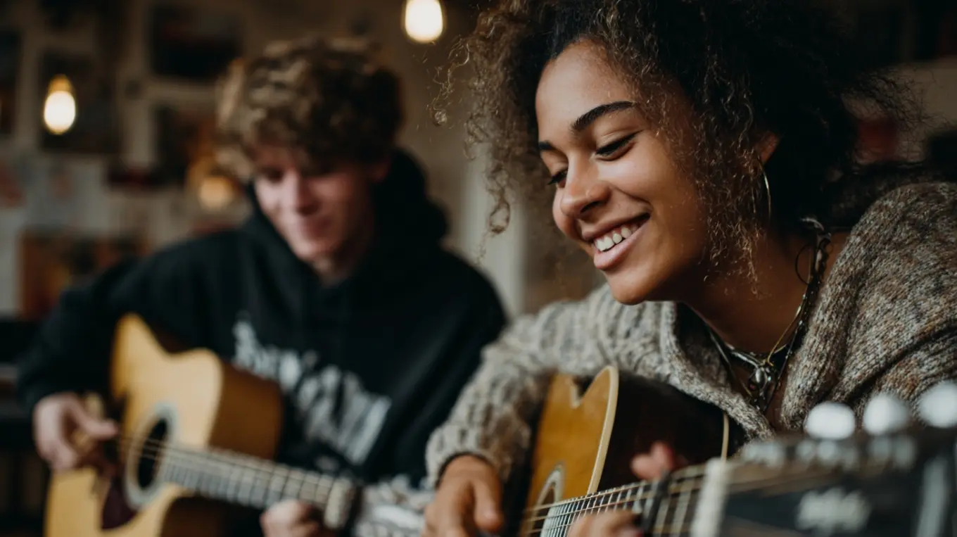 A young student smiling during a music lesson at Narellan Music Centre